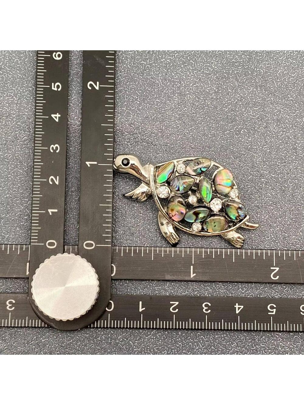 Abalone Shell & Rhinestone Turtle Silver Tone Brooch - Picture 3 of 3